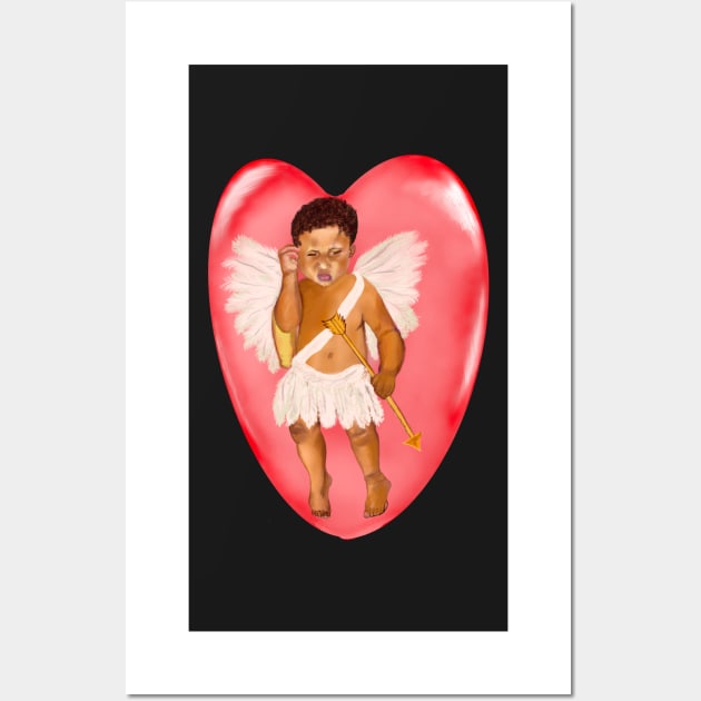 The Best Valentine’s Day Gift ideas 2022, Confused Cupid in a Redbubble .... baby angel holding an arrow - In a contemplative pose with curly Afro Hair and gold arrow Wall Art by Artonmytee